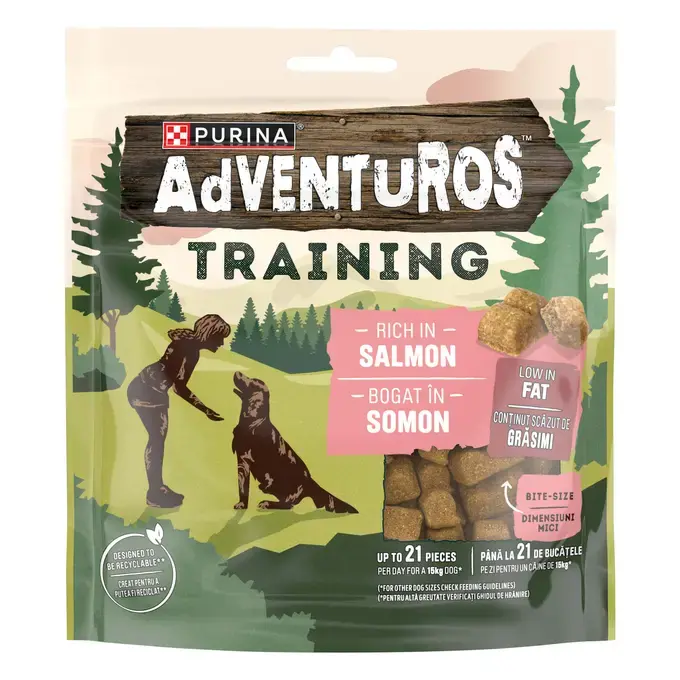 Recompense pentru dresaj câini Purina AdVENTuROS Training cu aromă de somon, bucăți mici în ambalaj cu închidere ermetică.