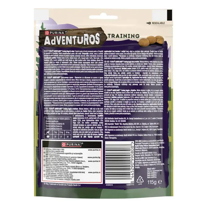 Recompense pentru dresaj câini Purina AdVENTuROS Training cu aromă de vânat, prezentate în ambalaj cu închidere ermetică.