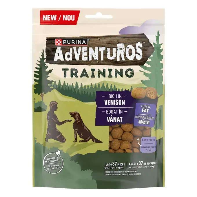 Recompense pentru dresaj câini Purina AdVENTuROS Training cu aromă de vânat, prezentate în ambalaj cu închidere ermetică.