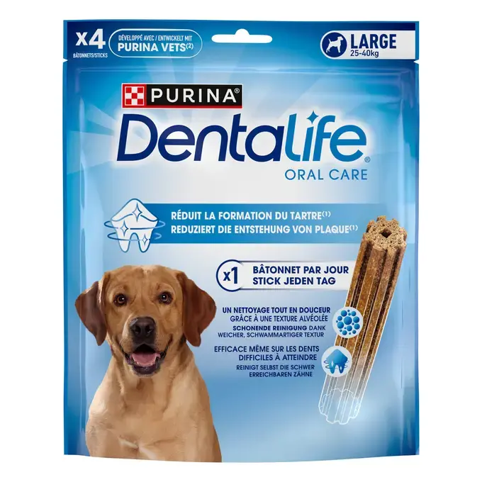 Batoane dentare Purina Dentalife pentru igiena orală a câinilor de talie mare, cu formă crestată pentru curățarea profundă a tartrului.