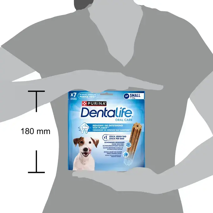 Batoane dentare Purina Dentalife pentru igiena orală a câinilor de talie mică, cu formă crestată pentru curățarea profundă a tartrului.