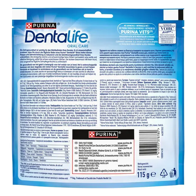Batoane dentare Purina Dentalife pentru igiena orală a câinilor de talie mică, cu formă crestată pentru curățarea profundă a tartrului.
