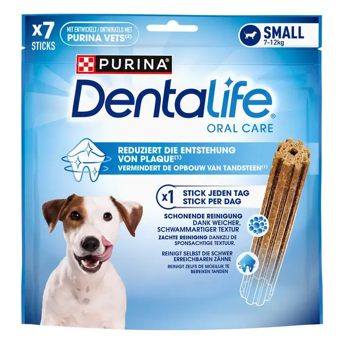Batoane dentare Purina Dentalife pentru igiena orală a câinilor de talie mică, cu formă crestată pentru curățarea profundă a tartrului.
