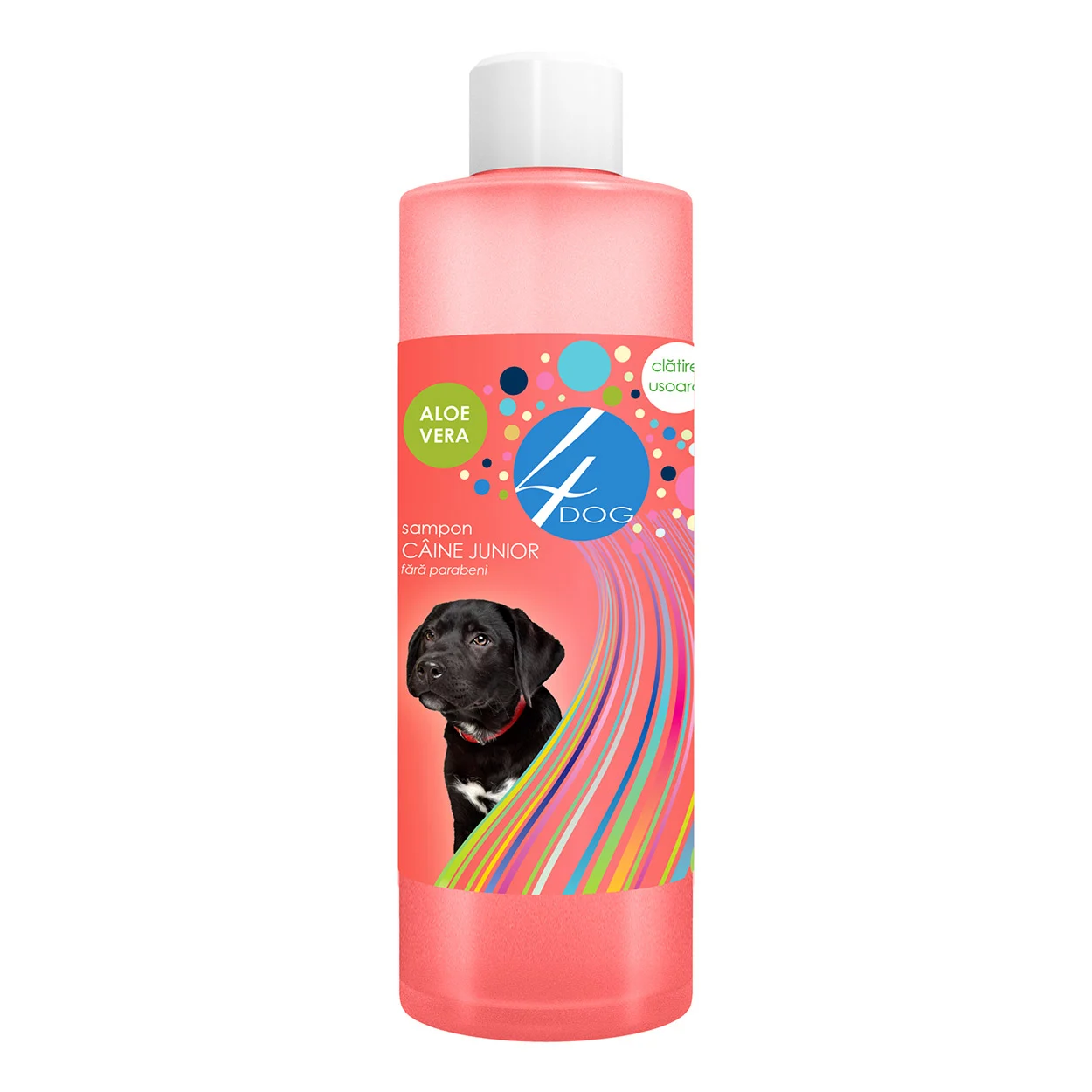 Flacon de 500ml de șampon 4DOG Junior pentru pui de câine, cu formulă delicată, extract de Aloe Vera și parfum discret pentru protejarea pielii sensibile.