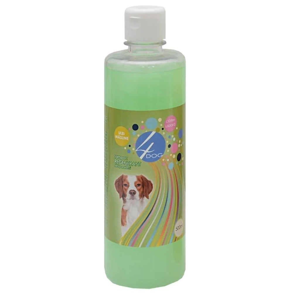 Flacon de șampon regenerant pentru câini 4DOG, 500ml, formulat cu extract de Aloe Vera, tei și ulei de măsline pentru o blană strălucitoare și o piele hidratată.