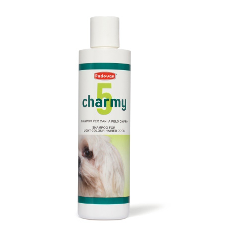 Flacon de șampon Padovan Charmy 5 destinat curățării și intensificării strălucirii pentru câinii cu blană albă sau de culori deschise.