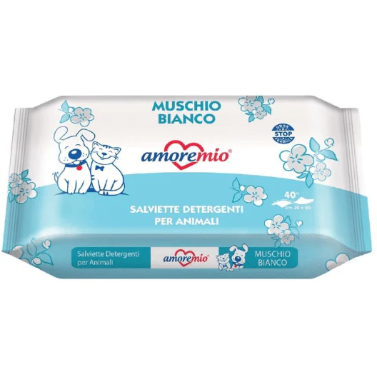 Pachet de șervețele umede AmoreMio cu parfum de mosc alb, pentru curățarea zilnică a blănii și lăbuțelor animalelor de companie.