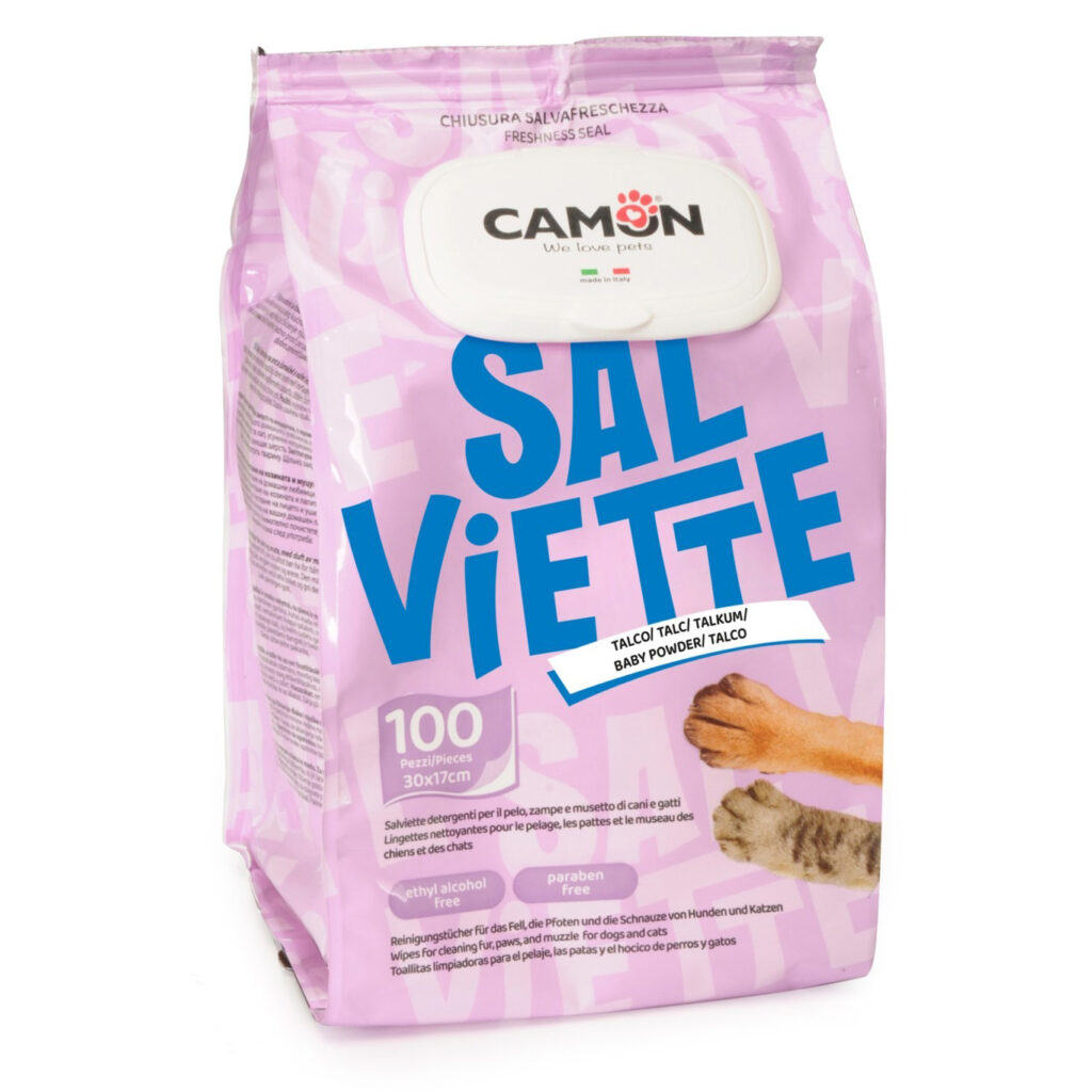 Pachet de șervețele umede Camon cu parfum de pudră de bebeluș, ideale pentru curățarea zilnică a lăbuțelor și a blănii câinilor și pisicilor.