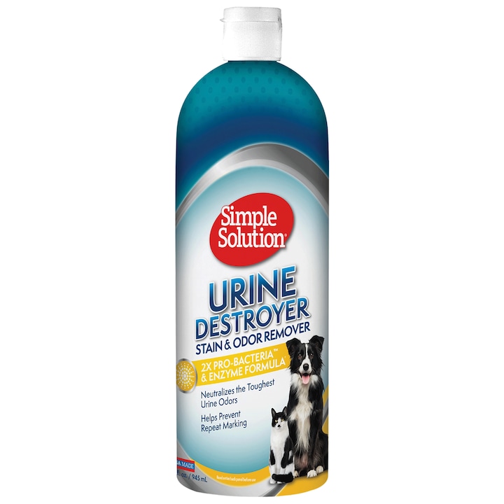 Flacon de soluție enzimatică Simple Solution Urine Destroyer pentru îndepărtarea petelor și mirosului de urină lăsate de animalele de companie.