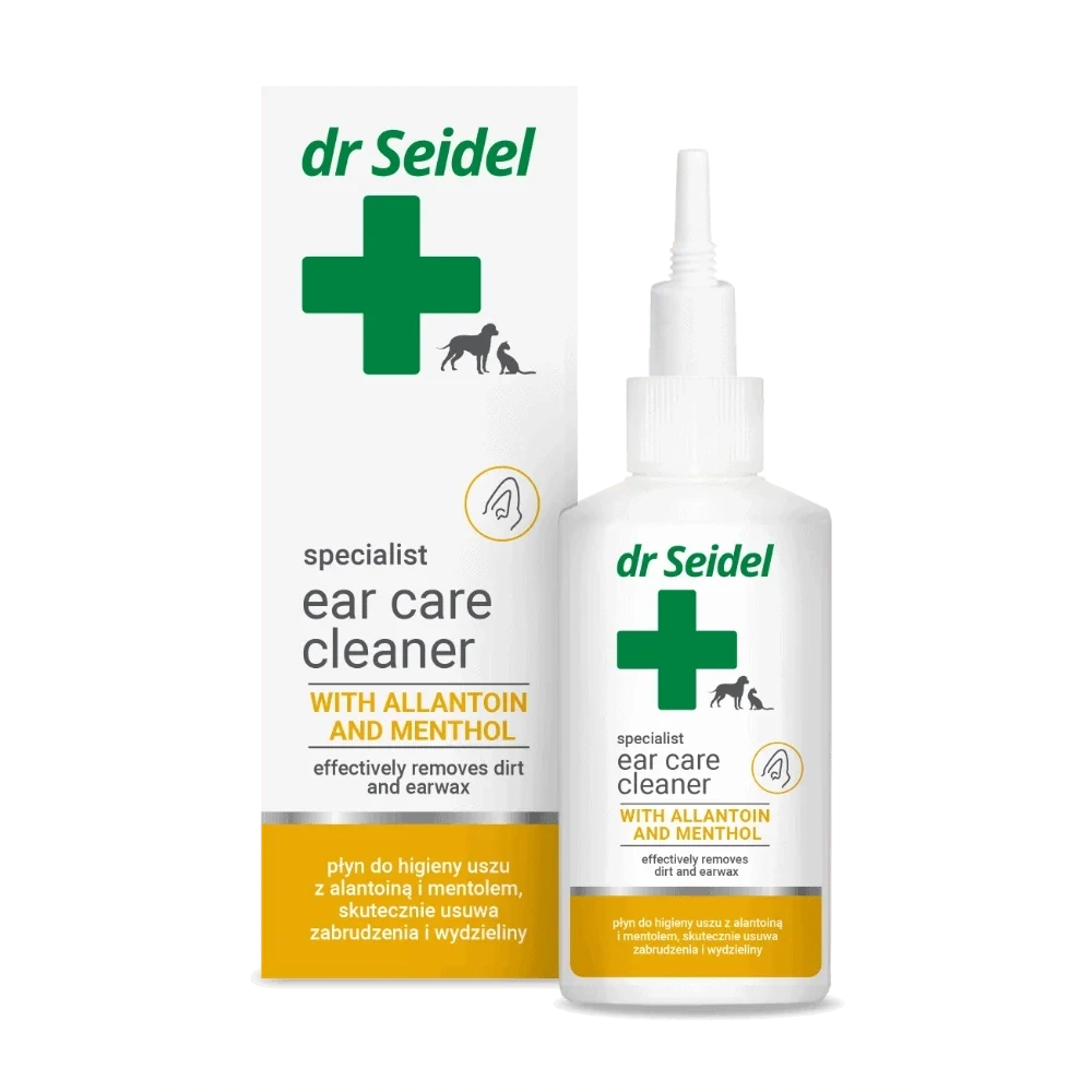 Soluție profesională pentru curățarea urechilor la câini și pisici, flacon de 75 ml cu aplicator moale, pentru prevenirea infecțiilor auriculare.