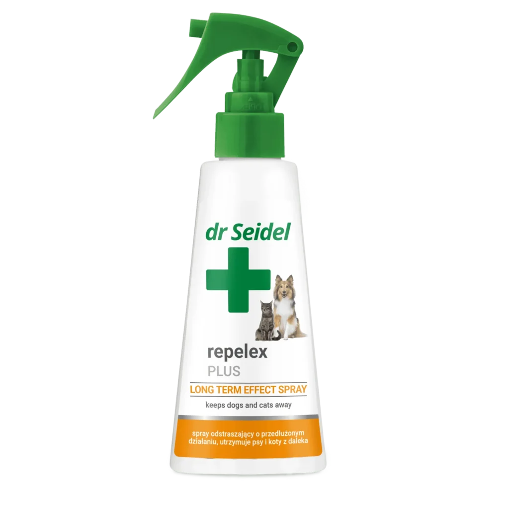 Flacon de spray repelent Dr Seidel Repelex Plus, conceput pentru corectarea comportamentului și îndepărtarea câinilor și pisicilor de obiectele din casă.