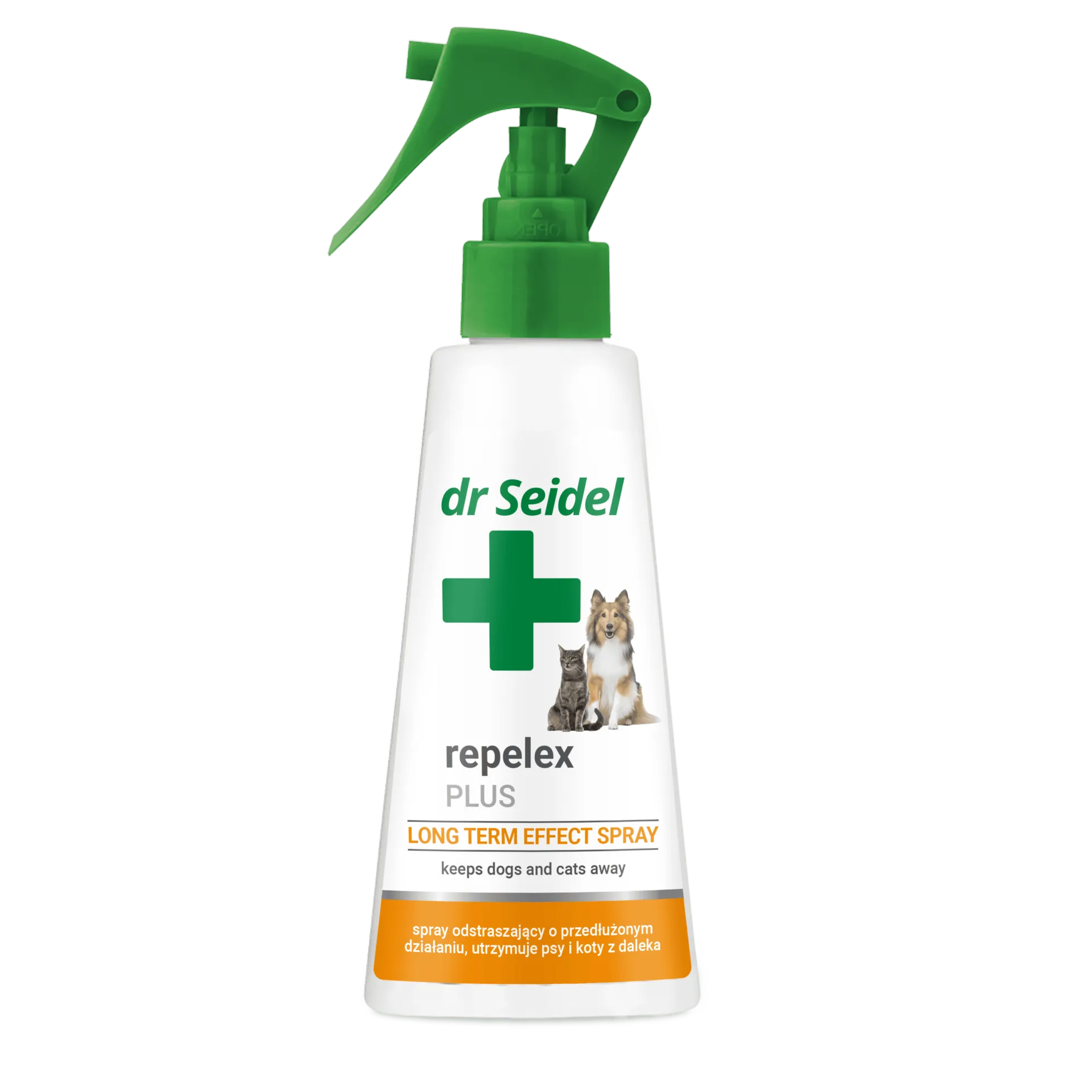 Flacon de spray repelent Dr Seidel Repelex Plus, conceput pentru corectarea comportamentului și îndepărtarea câinilor și pisicilor de obiectele din casă.