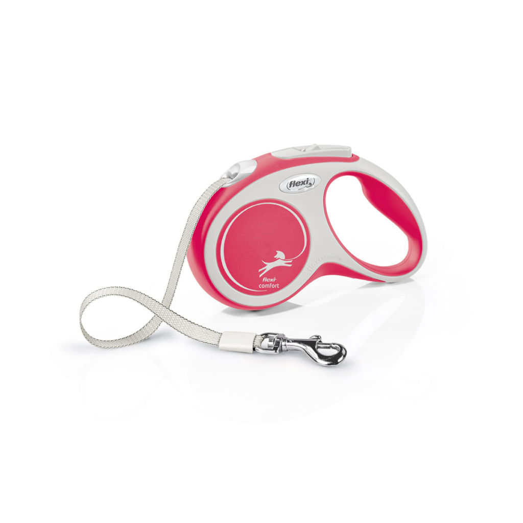 Lesă retractabilă cu bandă Flexi New Comfort, design ergonomic cu mâner cauciucat Soft-Grip și bandă din nylon, pentru plimbarea confortabilă și sigură a câinilor.