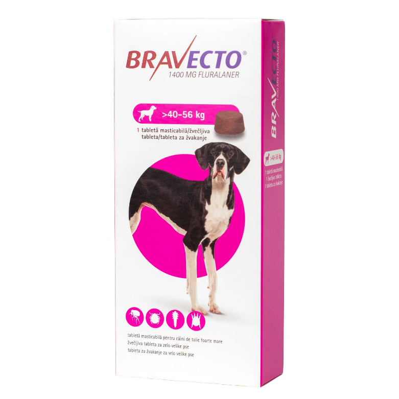 Cutie cu o tabletă masticabilă Bravecto 1400 mg, tratament antiparazitar extern de lungă durată pentru câini de talie gigant (40 - 56 kg).