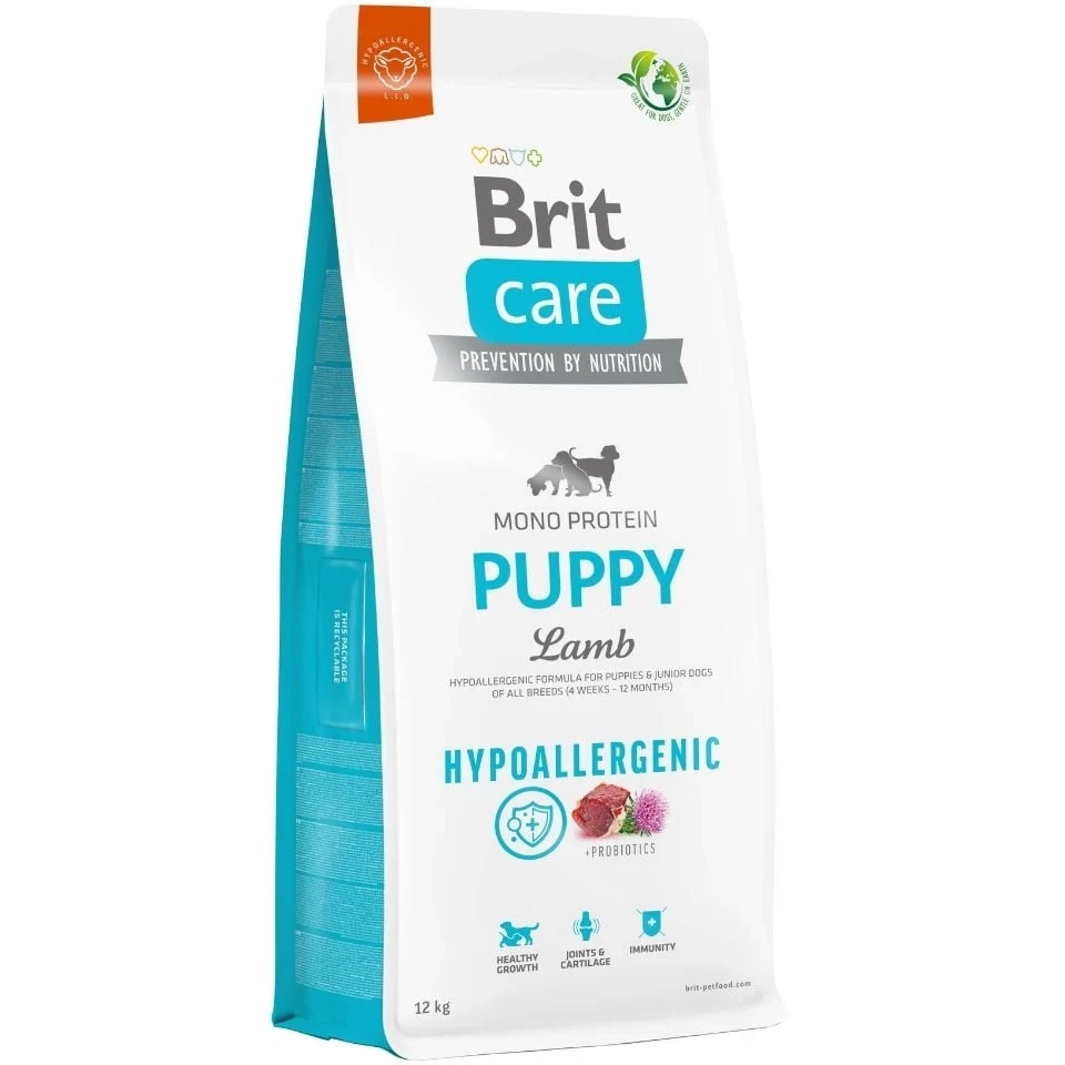 Hrană uscată hipoalergenică Brit Care Puppy cu miel și orez pentru pui de câine, sac de 12 kg.