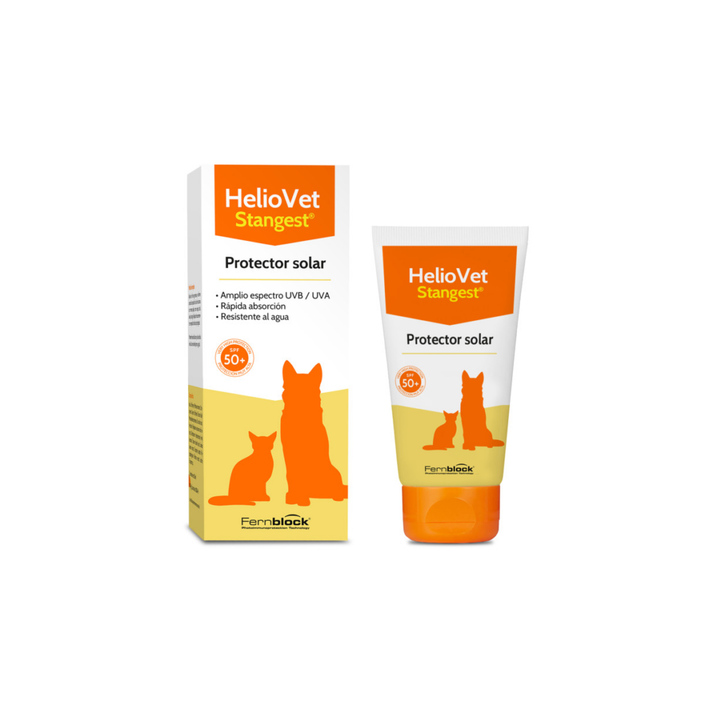 Tub de 50 ml cu cremă de protecție solară HelioVet SPF50 Stangest, îmbogățită cu Fernblock, pentru câini și pisici.