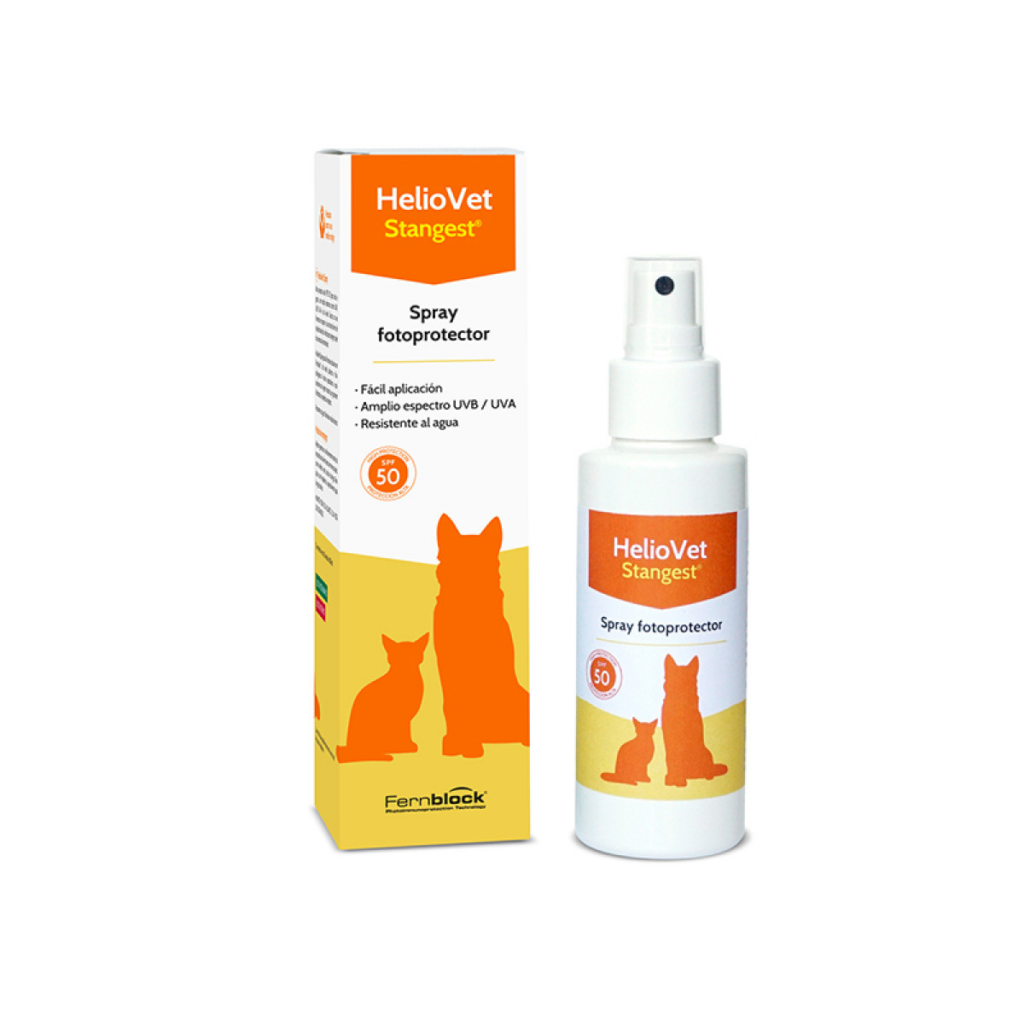 Flacon de 80 ml cu pulverizator, spray de protecție solară HelioVet SPF50 Stangest, îmbogățit cu Fernblock, pentru câini și pisici.