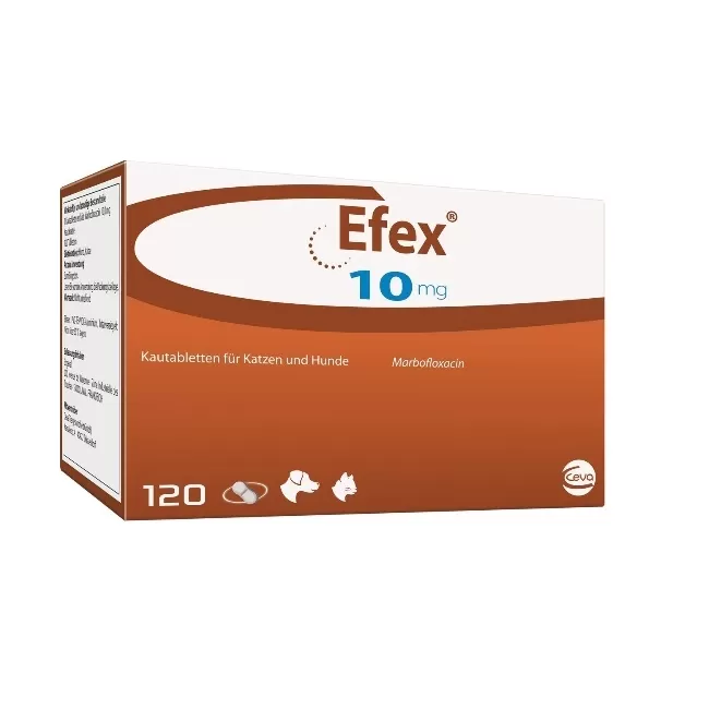 Folie cu 10 comprimate palatabile Efex 10 mg, antibiotic veterinar pe bază de marbofloxacină pentru tratamentul infecțiilor la câini și pisici.
