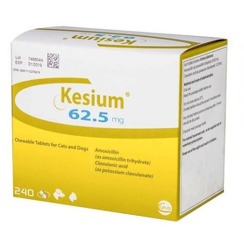 Folie cu 10 comprimate masticabile Kesium 62.5 mg, antibiotic cu spectru larg pentru tratarea infecțiilor la câini și pisici.