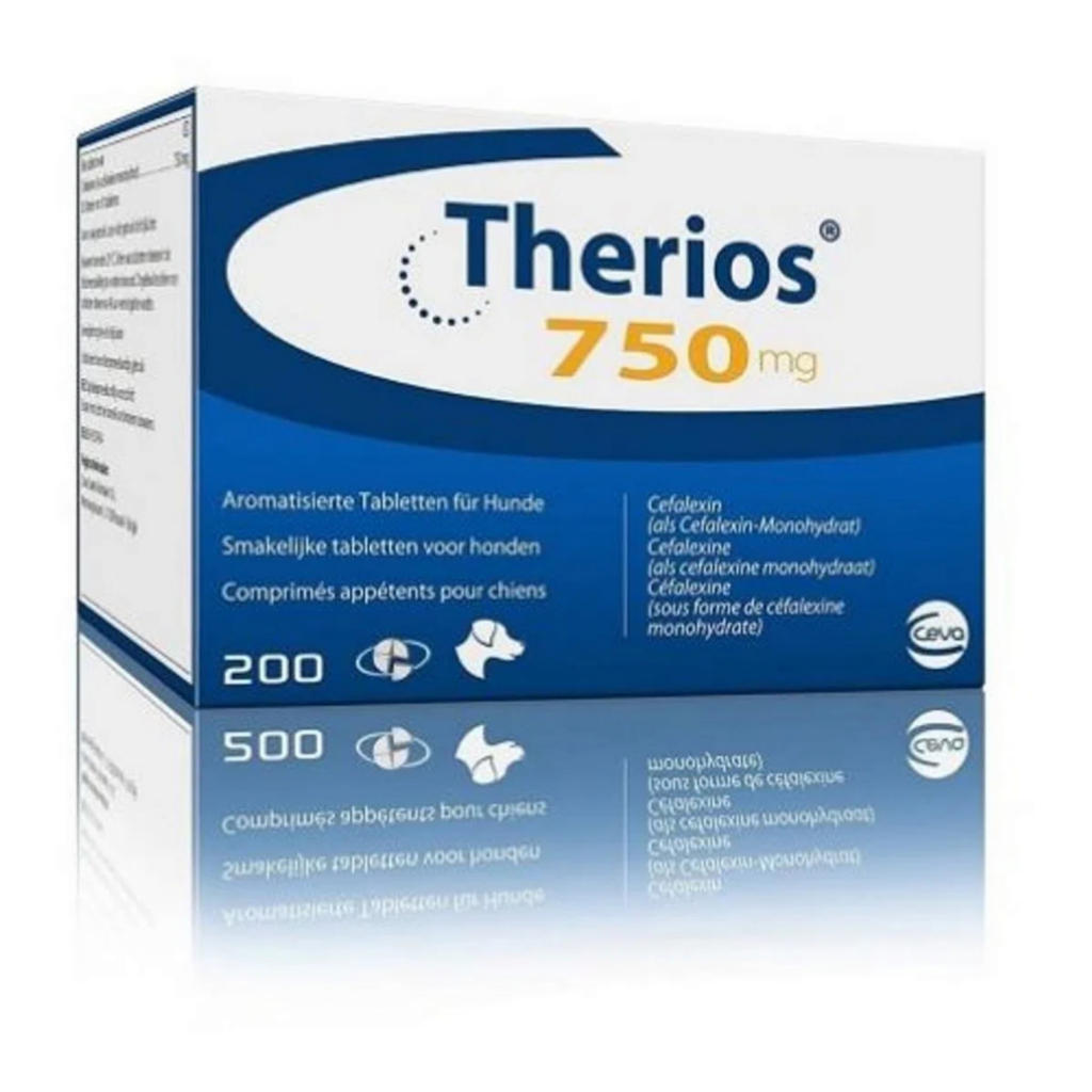Folie cu 10 comprimate palatabile Therios 750 mg, antibiotic pe bază de cefalexină pentru câini de talie mare.