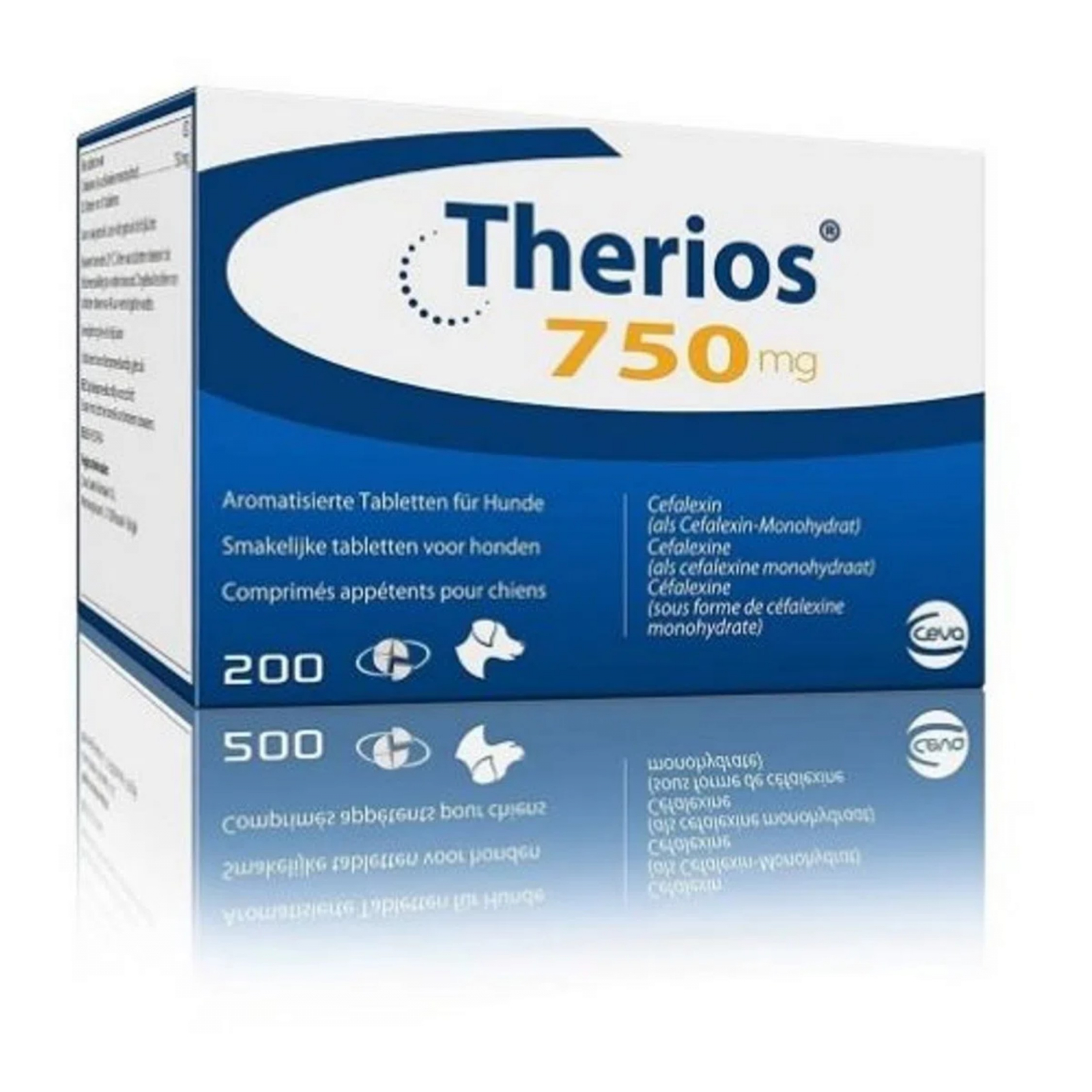 Folie cu 10 comprimate palatabile Therios 750 mg, antibiotic pe bază de cefalexină pentru câini de talie mare.
