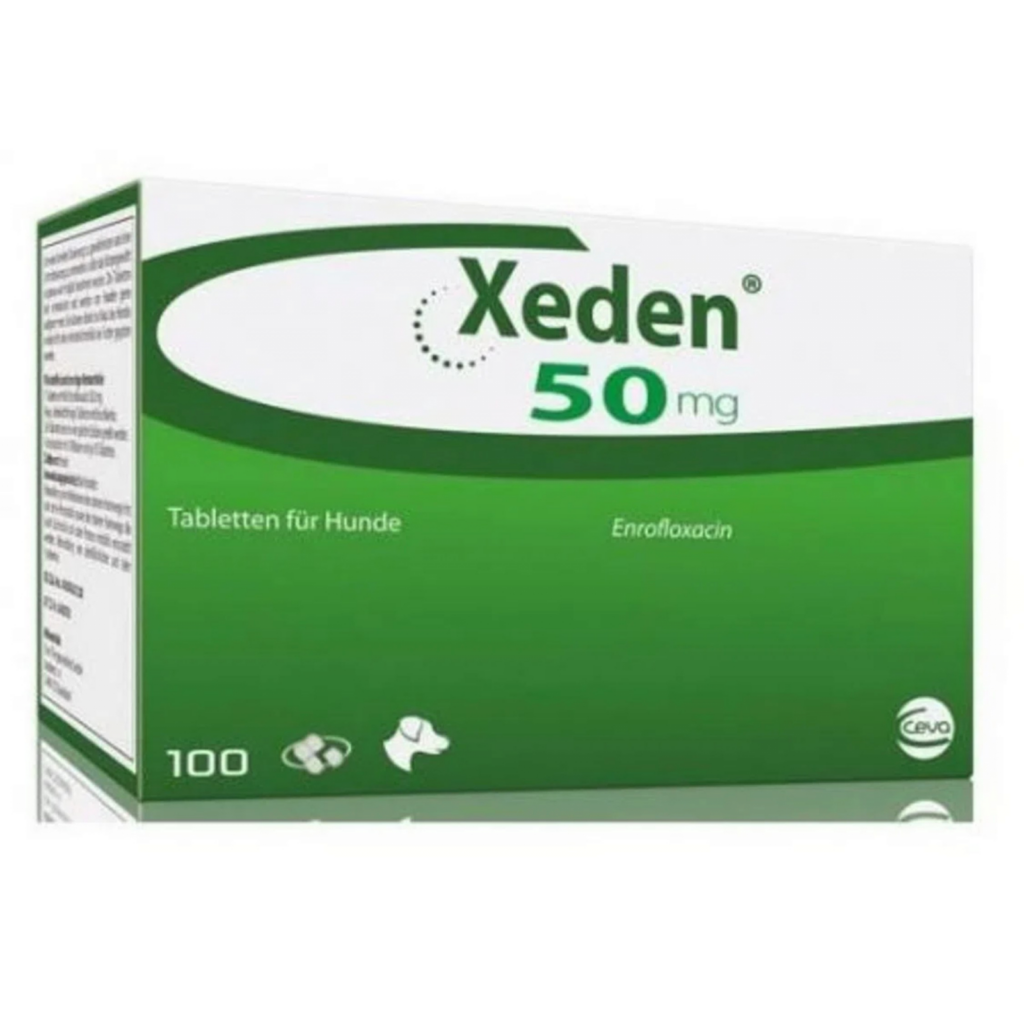 Cutie cu 100 de comprimate palatabile Xeden 50 mg, antibiotic veterinar pentru tratamentul infecțiilor bacteriene la câini.