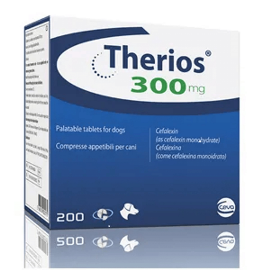 Cutie cu 200 de comprimate palatabile Therios 300 mg, antibiotic pe bază de cefalexină pentru infecții urinare și cutanate la câini.