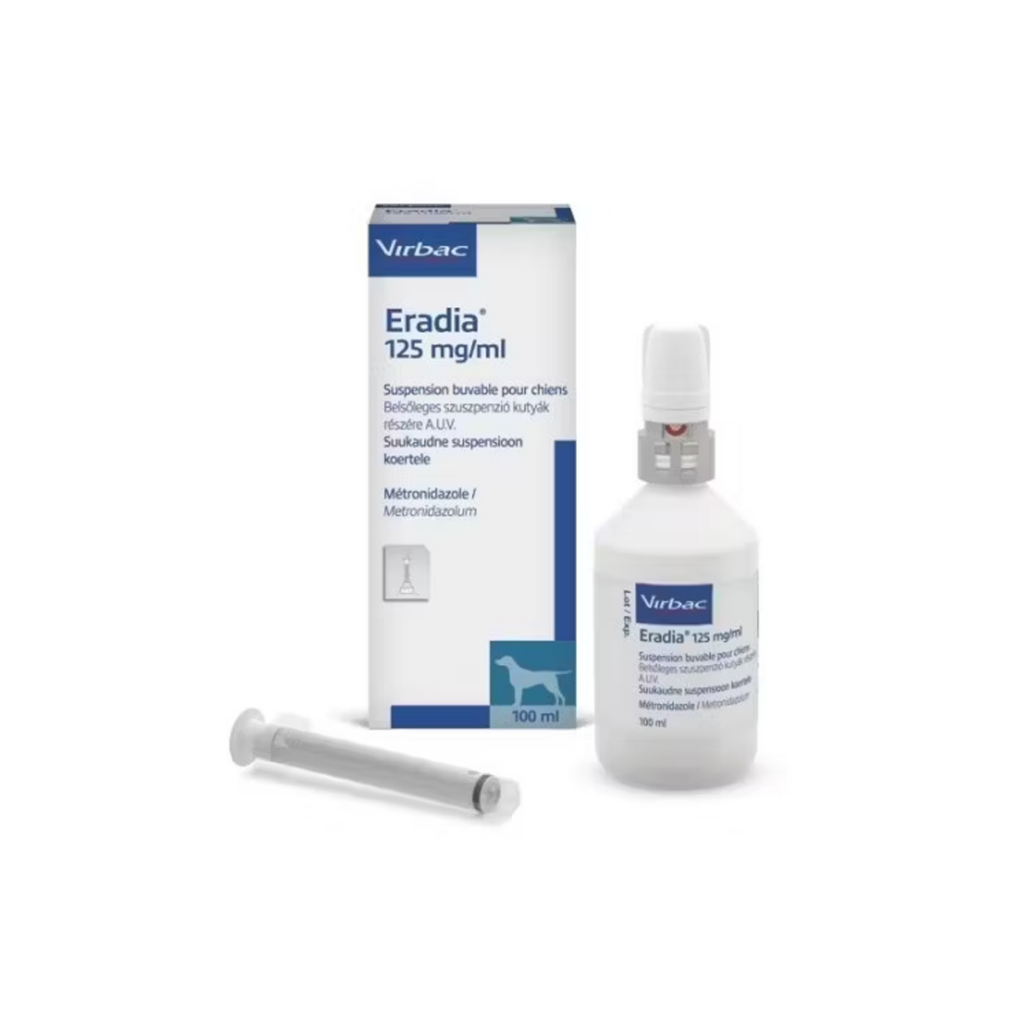 Flacon cu suspensie orală Eradia 100 ml, medicament veterinar cu metronidazol pentru tratamentul giardiozei și al infecțiilor intestinale la câini de talie mare.