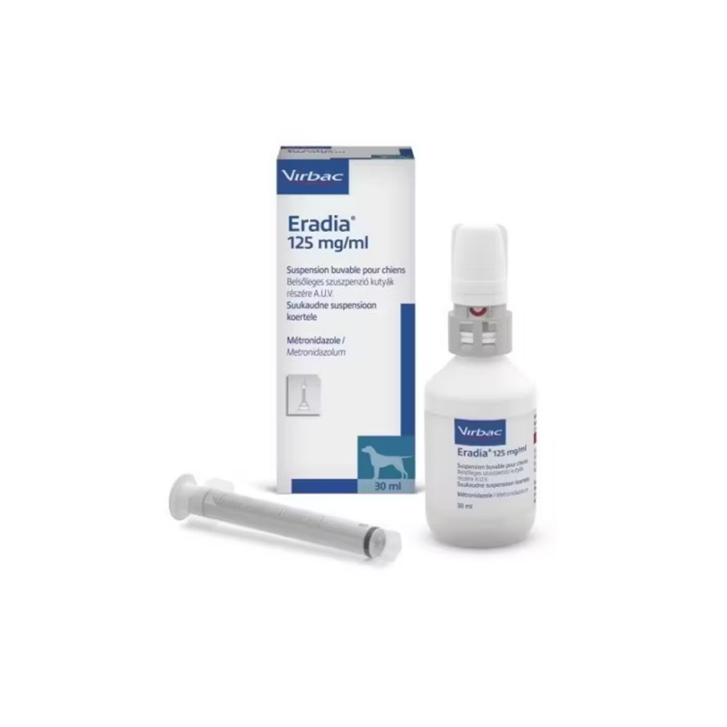 Flacon cu suspensie orală Eradia 30 ml și seringă dozatoare, medicament veterinar cu metronidazol pentru tratamentul giardiozei și al infecțiilor intestinale la câini.