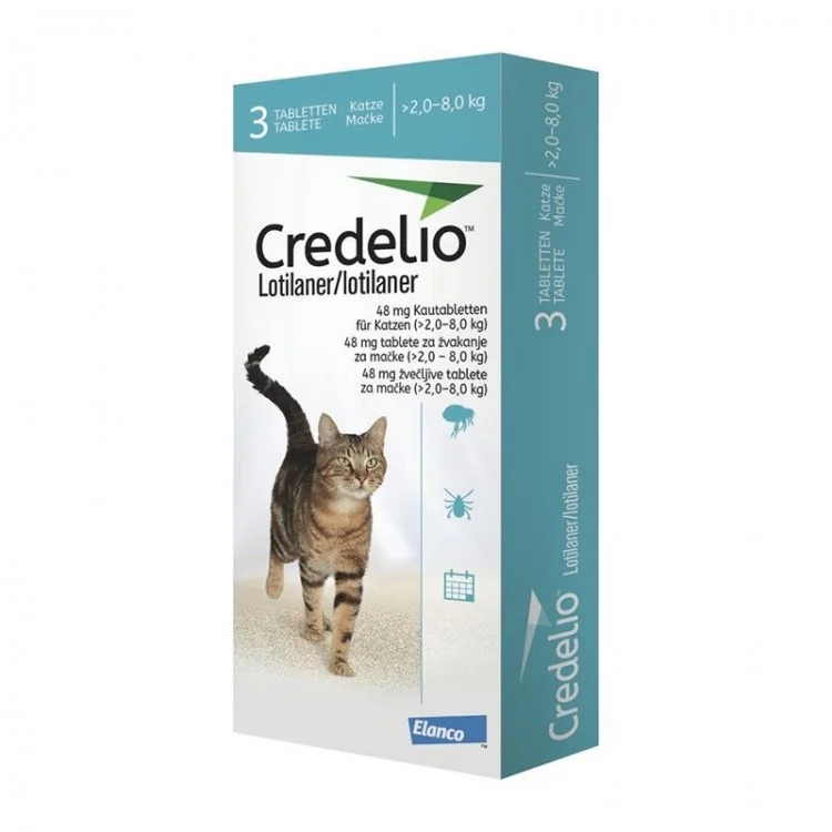 Cutie cu 3 tablete masticabile Credelio Cat 48 mg, tratament antiparazitar extern lunar împotriva puricilor și căpușelor la pisici de 2 - 8 kg.