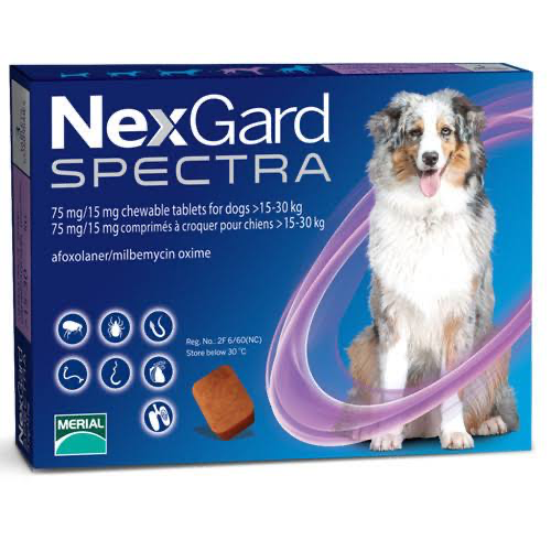 Cutie cu tablete masticabile NexGard Spectra pentru deparazitarea completă (internă și externă) a câinilor între 15 și 30 kg.