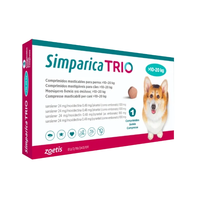Cutie cu 3 comprimate masticabile aromate Simparica Trio 24 mg, tratament antiparazitar intern și extern pentru câini de 10 - 20 kg.