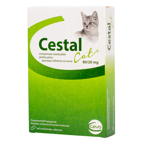 Cutie cu 8 tablete masticabile Cestal Cat Chew, tratament antiparazitar intern împotriva viermilor intestinali la pisici.