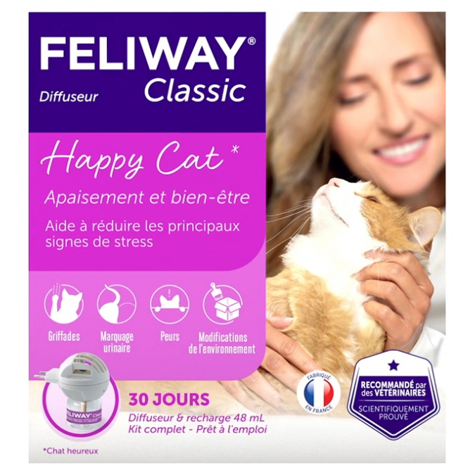 Set Feliway Classic cu difuzor de priză și rezervă de 48 ml pentru calmarea stresului și reducerea marcajelor la pisici.