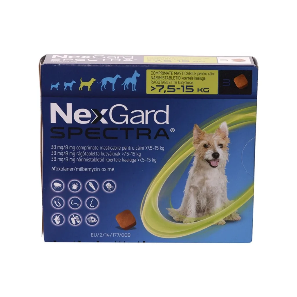 Cutie cu 3 comprimate masticabile NexGard Spectra M, tratament antiparazitar oral cu spectru larg (intern și extern) pentru câini între 7.5 și 15 kg.