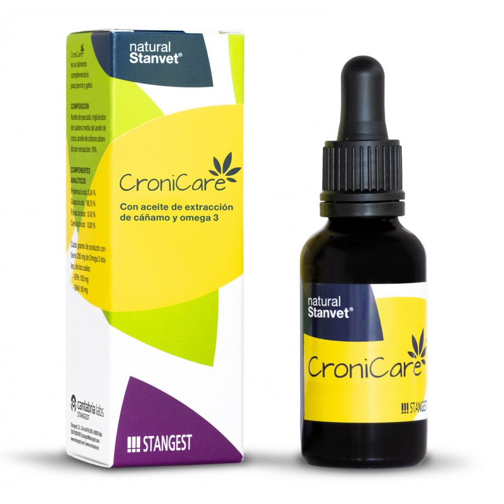 Flacon de 30 ml cu supliment lichid Stangest CroniCare, pe bază de extract de cânepă și Omega 3, pentru câini și pisici.