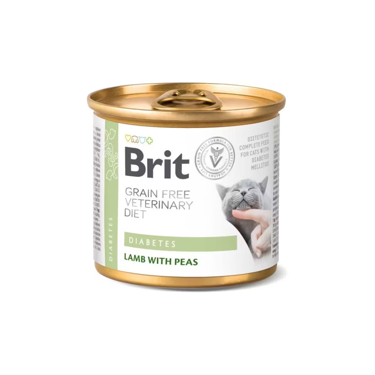Conservă de 200 g cu hrană umedă dietetică Brit Veterinary Diet Diabetes, fără cereale, formulată pentru controlul glicemiei la pisicile cu diabet zaharat.