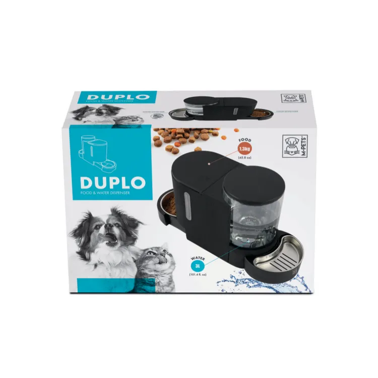 Dozator gravitațional M-Pets Duplo cu recipient transparent, capacitate 6 litri de apă sau 2.65 kg de hrană uscată, pentru câini și pisici.