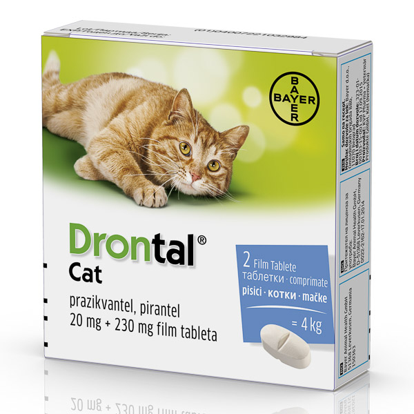Blister cu 2 tablete eliptice Drontal Cat, tratament antiparazitar intern pentru eliminarea viermilor rotunzi și plați la pisici.