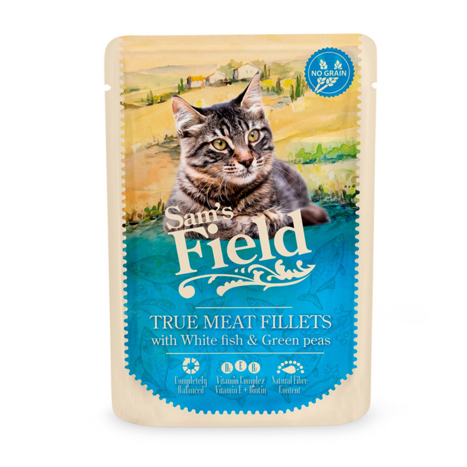 Hrană umedă la plic pentru pisici Sam's Field True Meat Fillets, fileuri cu carne adevărată de pește alb și mazăre.