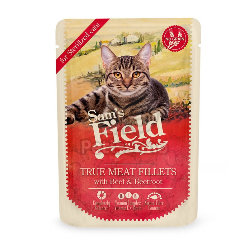 Hrană umedă la plic pentru pisici sterilizate Sam's Field True Meat Fillets, fileuri cu carne adevărată de vită și sfeclă roșie.