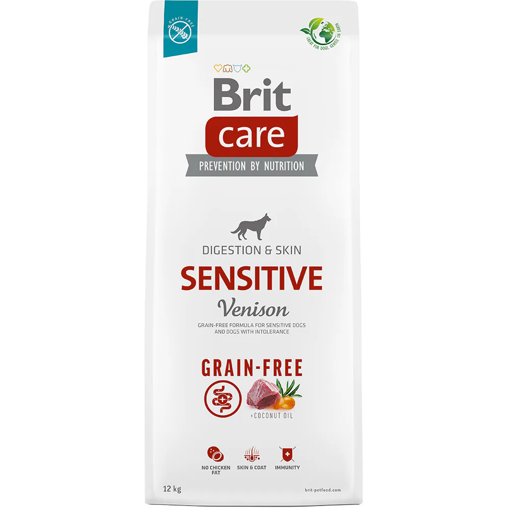 Hrană uscată hipoalergenică Brit Care Grain-Free Sensitive pentru câini adulți, cu carne de vânat, sac de 12 kg.