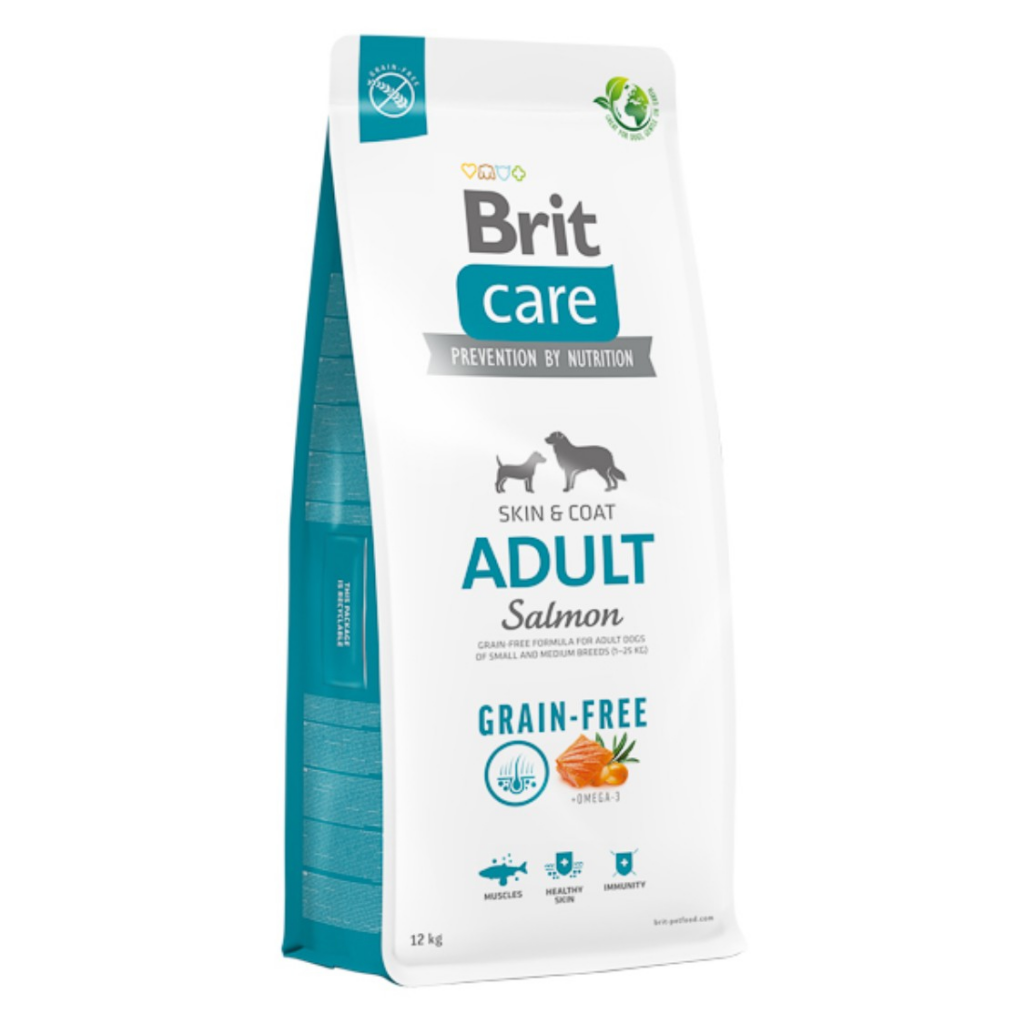 Hrană uscată hipoalergenică Brit Care Grain-Free pentru câini adulți, cu somon și cartofi, sac de 12 kg.