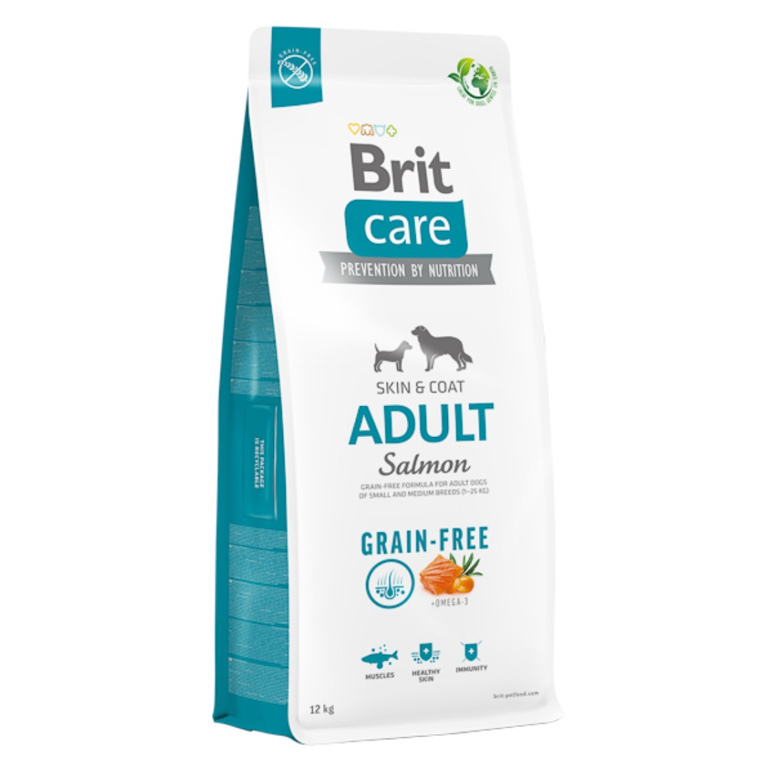 Hrană uscată hipoalergenică Brit Care Grain-Free pentru câini adulți, cu somon și cartofi, sac de 12 kg.