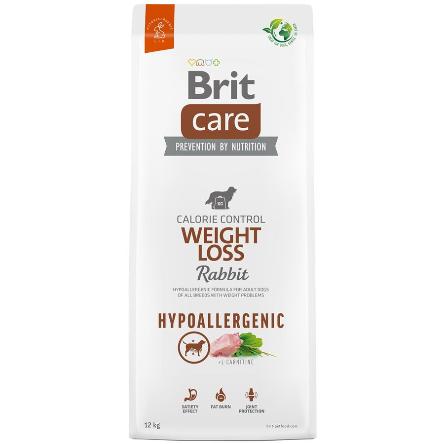 Hrană uscată hipoalergenică Brit Care Weight Loss pentru controlul greutății la câini, cu iepure și orez, sac de 12 kg.