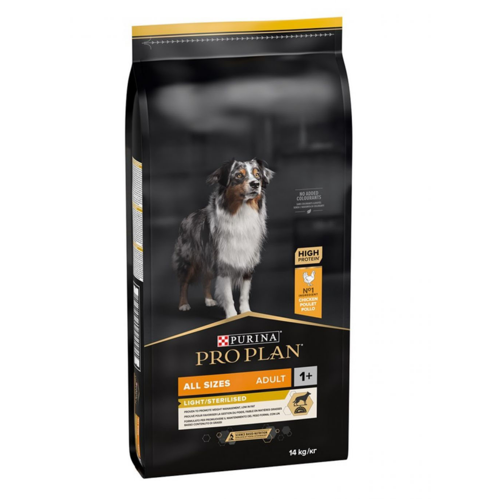 Hrană uscată Purina Pro Plan Light/Sterilised pentru câini adulți, controlul greutății, cu pui, sac de 14 kg.