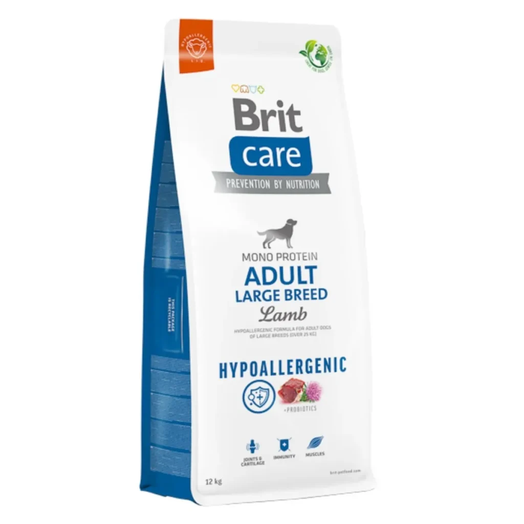 Hrană uscată hipoalergenică Brit Care Adult Large Breed pentru câini de talie mare, cu miel și orez, sac de 12 kg.