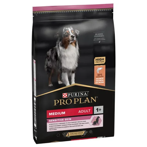 Hrană uscată Purina Pro Plan Medium Adult Sensitive Skin pentru câini de talie medie, cu somon, sac de 10 kg.