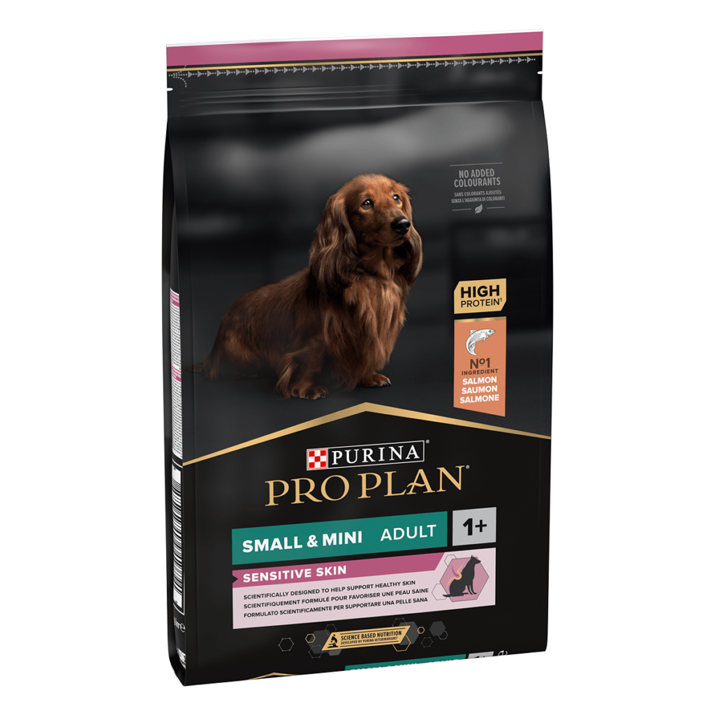 Hrană uscată Purina Pro Plan Small & Mini Adult Sensitive Skin pentru câini de talie mică, cu somon, sac de 7 kg.
