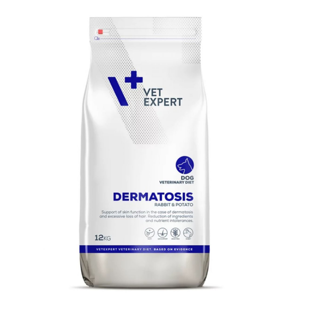 Sac de 12 kg cu hrană uscată dietetică 4T Veterinary Diet Dermatosis, rețetă cu iepure și cartofi, pentru câinii cu alergii alimentare și afecțiuni dermatologice.